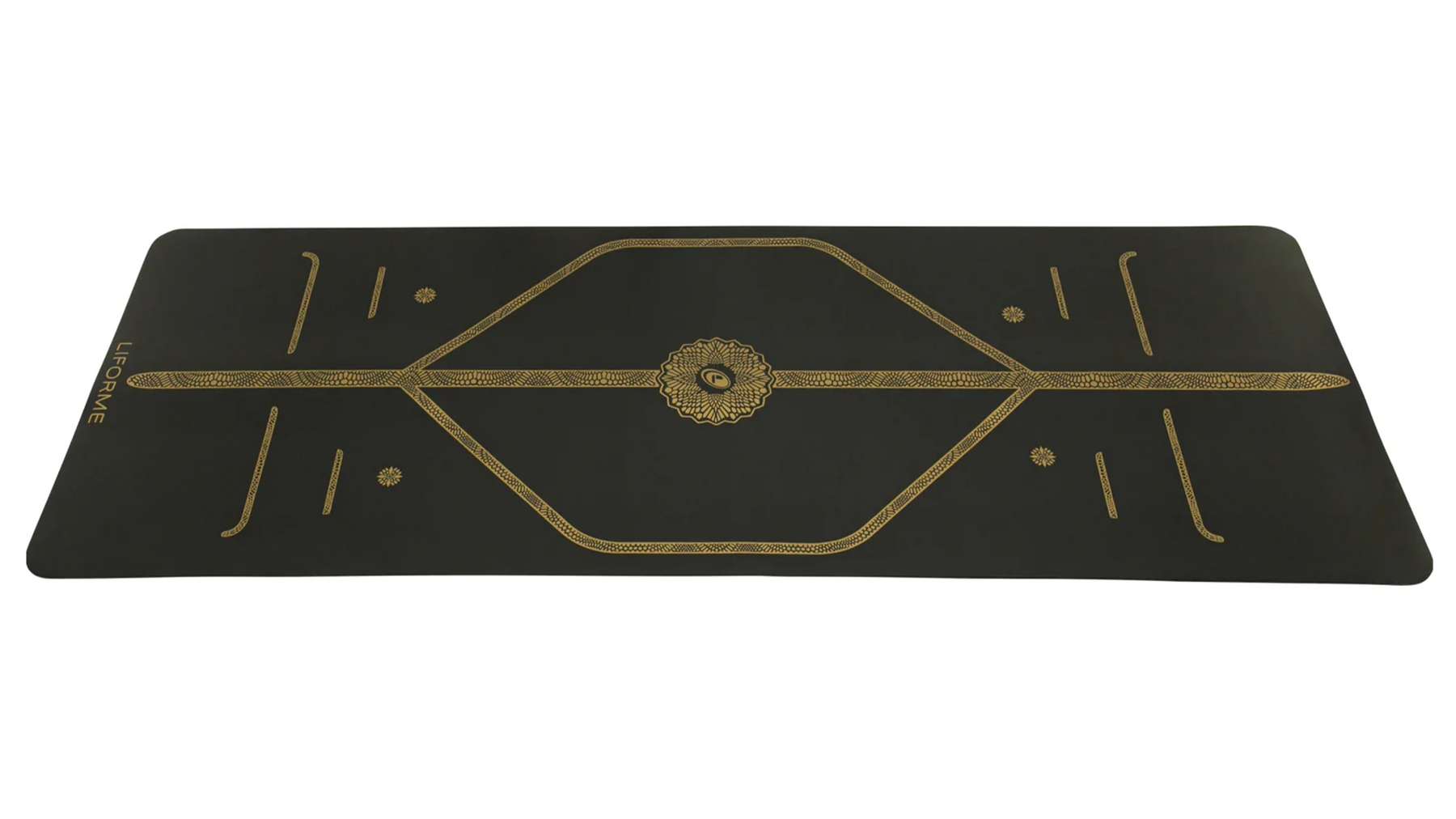 Liforme Yoga Mat Black GoldImage of Liforme Black & Gold Yoga Mat featuring unique gold alignment system on black background